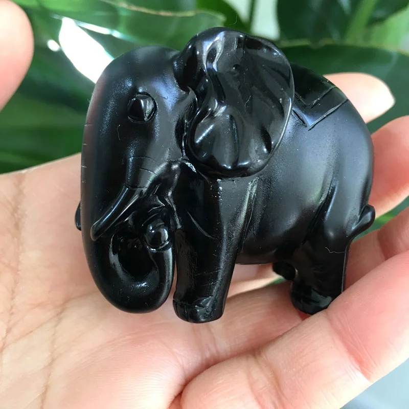 Wholesale Natural Quartz Carved Cute Animal  Elephant Statue Crystal Black Obsidian Carving For Gift