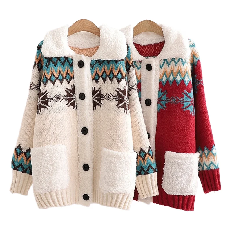 2021 fashion vintage design christmas womans sweater long sleeve knitwear trendy casual lambswool sweater cardigan for women