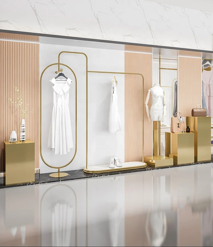 Bridal Shop Wedding Dress Hanging Clothes Display Rack Floor Standing Heavy Duty Gold Clothing Rack For Stores