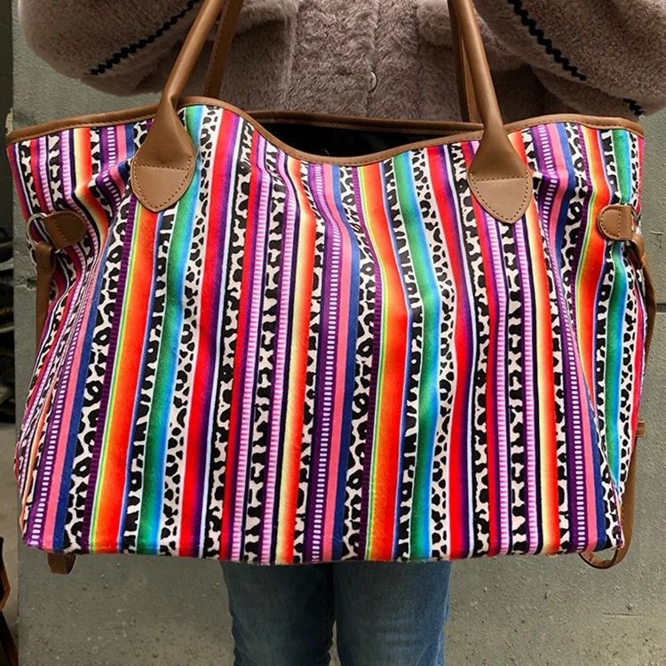 Hot Sale Women Buffalo Plaid Rainbow Striped Large Tote Bag