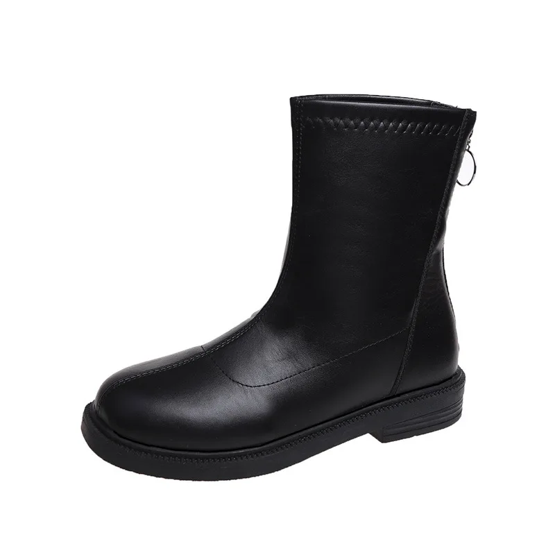 Fashion Hot Sale Black White Brown PU Leather Boots Vintage Thick Bottom Wearable Mid-Length Boots