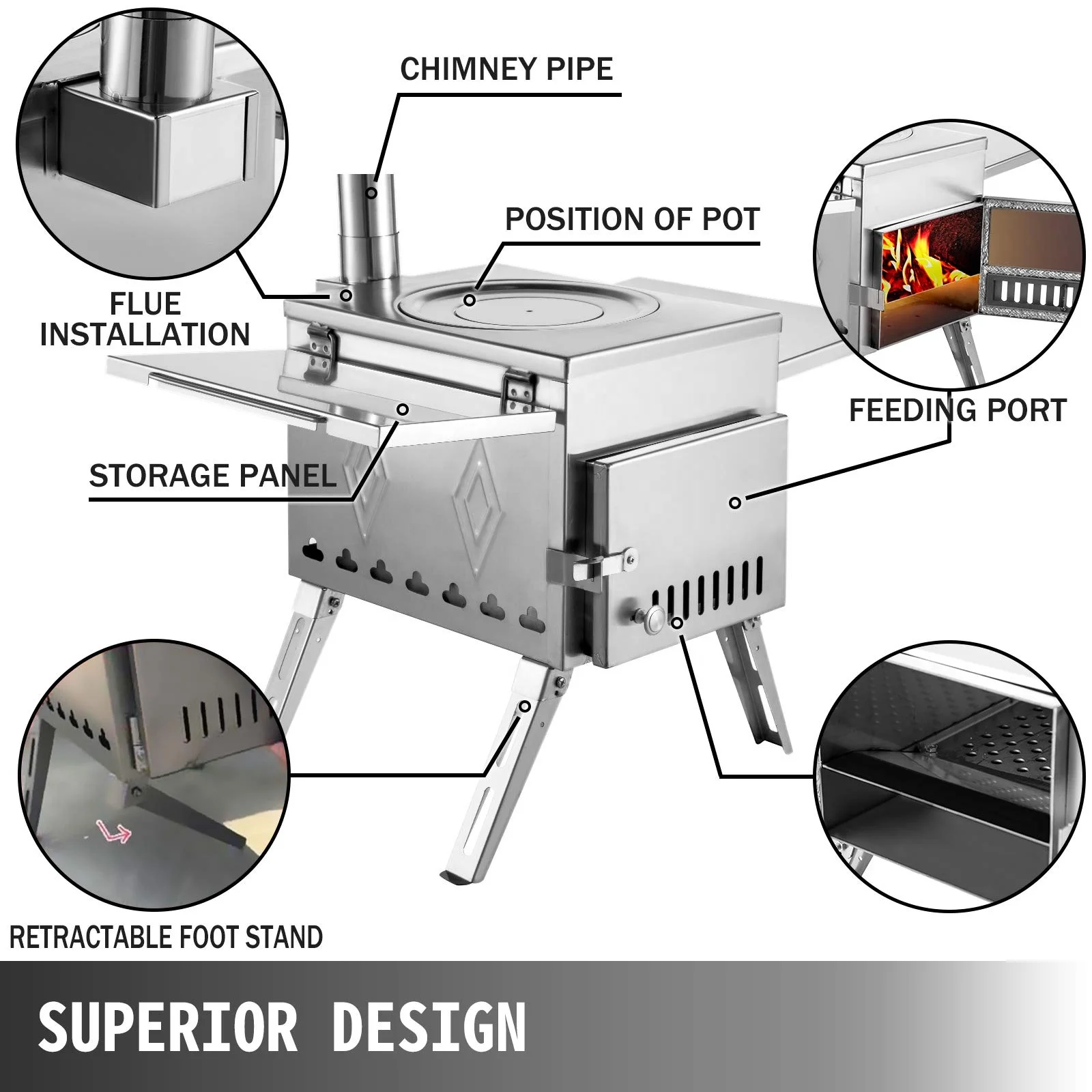 Portable and Folding Wood Burning Stove For Outdoor And Camping Tent Stainless Steel Stove silver fire tent stove