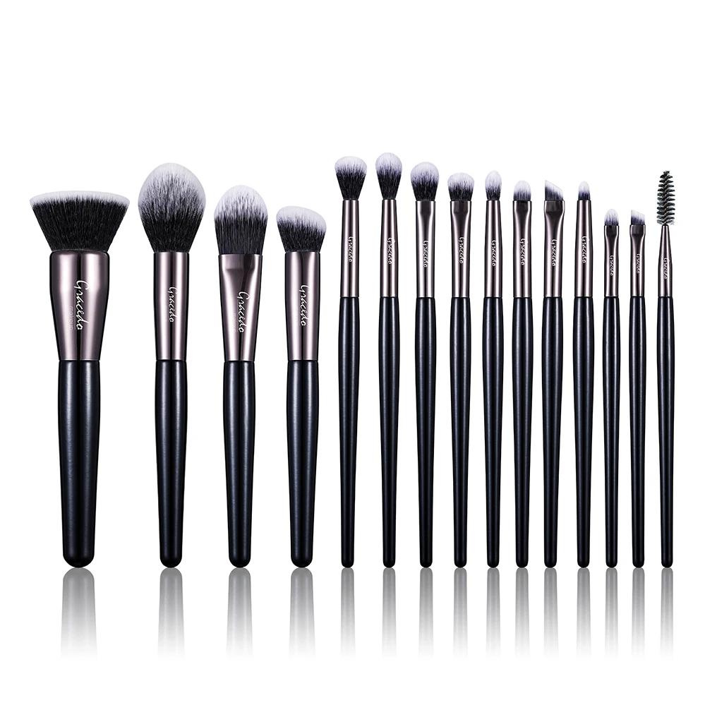 2023 high quality 15 Pcs wooden black handle white hair makeup brush set with holder bag custom logo brush makeup makeup brushes