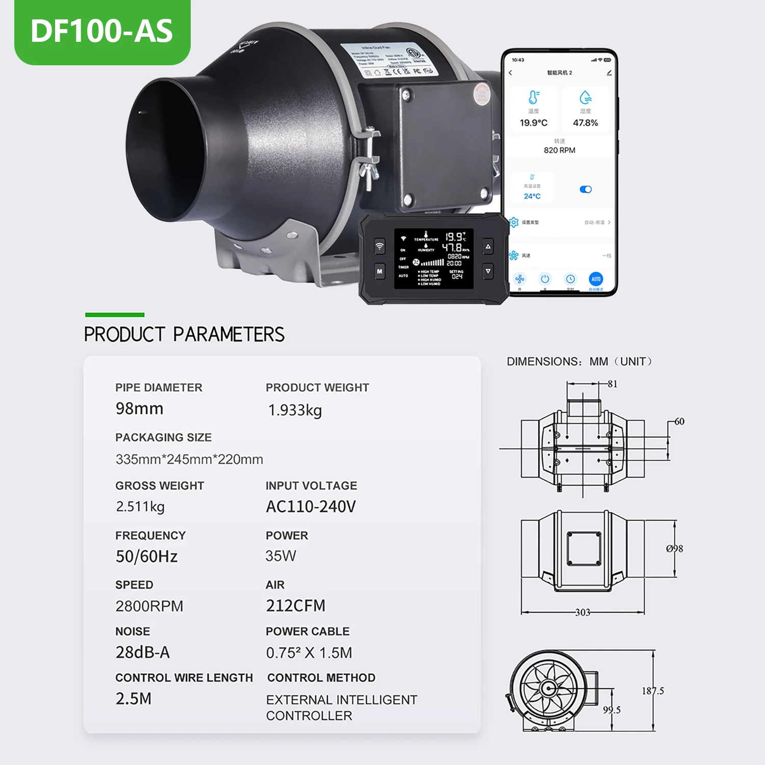 Factory Price  6 Inch Speed EC Electric Control Inline Fan Hydroponic Ventilation Kit for Indoor Greenhouse Growing Tents