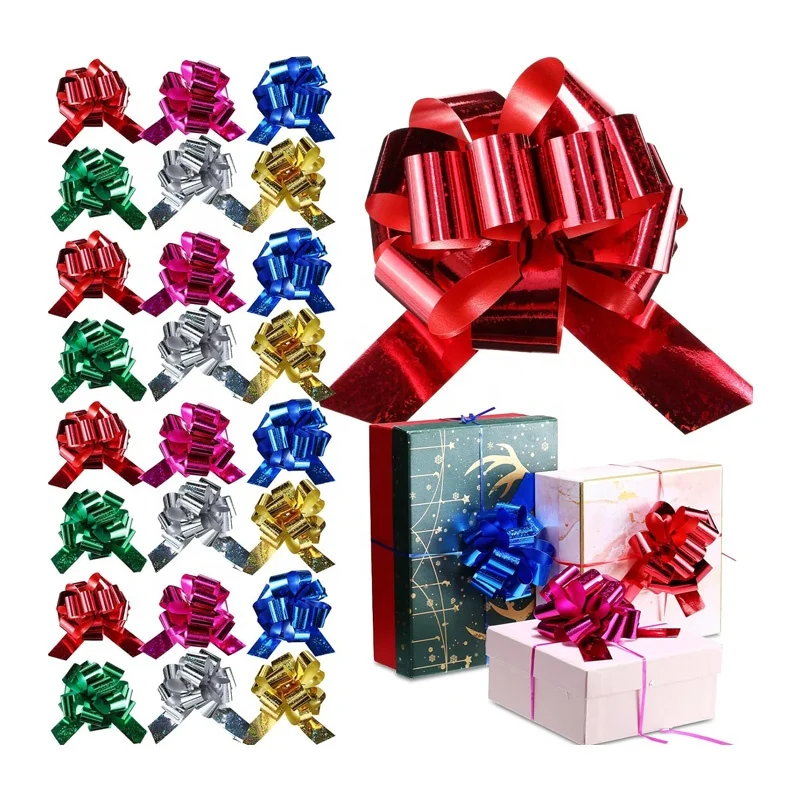 Wholesale Red Blue Gold Christmas Flower PP Curling Plastic Gift Custom Pull Bow Ribbon