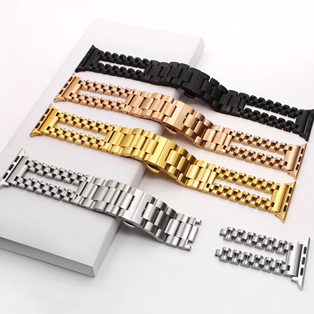 Double stranded Three Beads Straps 304 Stainless Steel Metal Watch Band For iWatch Apple Series 38mm 40mm 42mm 44mm