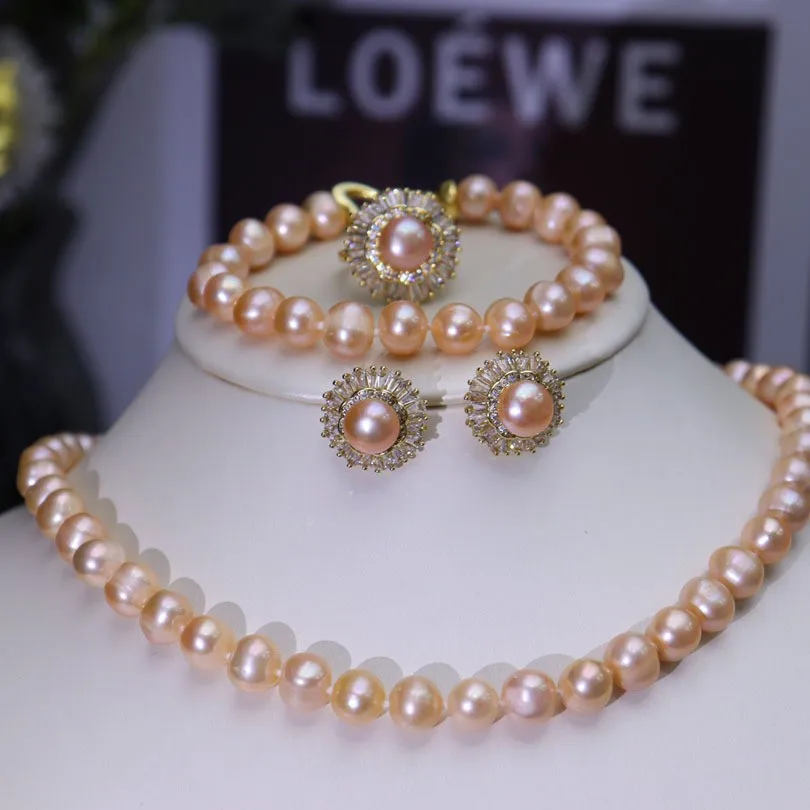 JC Crystal Good Quality 8-9mm Fresh Water Pearl Necklace Set