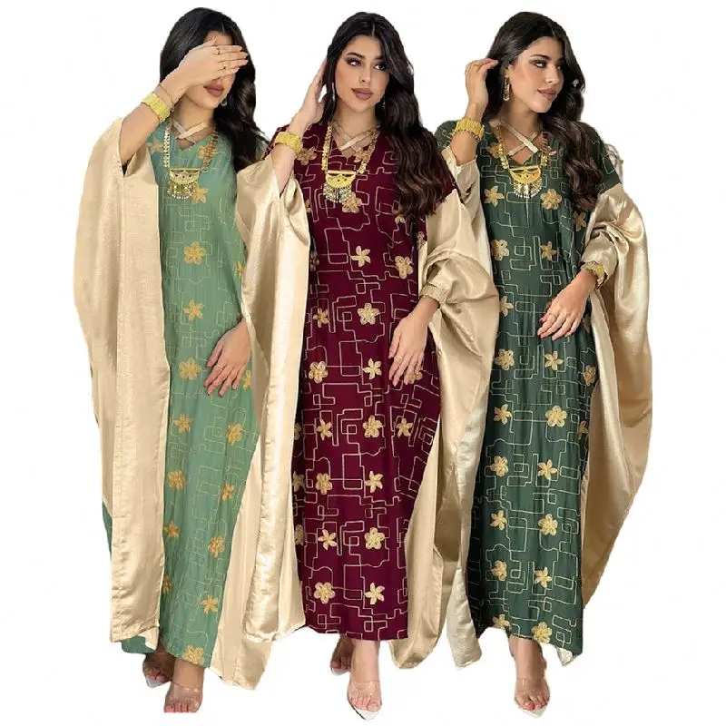 AB391 Latest Design Arab Dubai Traditional Muslim Clothing Embroidered Color Block Abaya Women Muslim Dress Jalabiya for Women