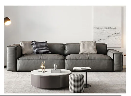 Custom Leather Sofa Head Leather Italian Minimalist Living Room Three Person Straight Row Square Tofu Block Small Family Sofa
