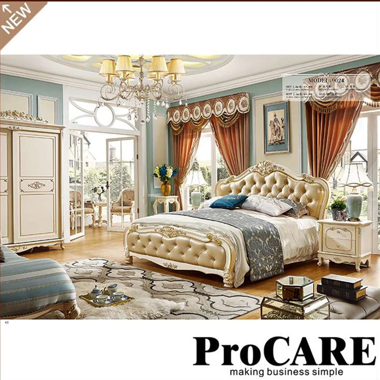 High Quality Bedroom Set Furniture Luxury Classic Style Wooden Carved Frame Leather King Size Bed