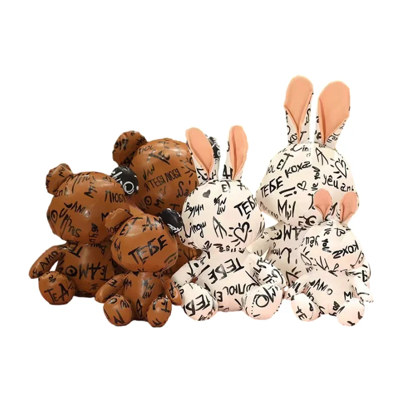 Top Quality Hot Sale Leather Plush Toys Funny Cartoon Two Style Graffiti Teddy Bear Rabbit Stuffed Toys For Gifts