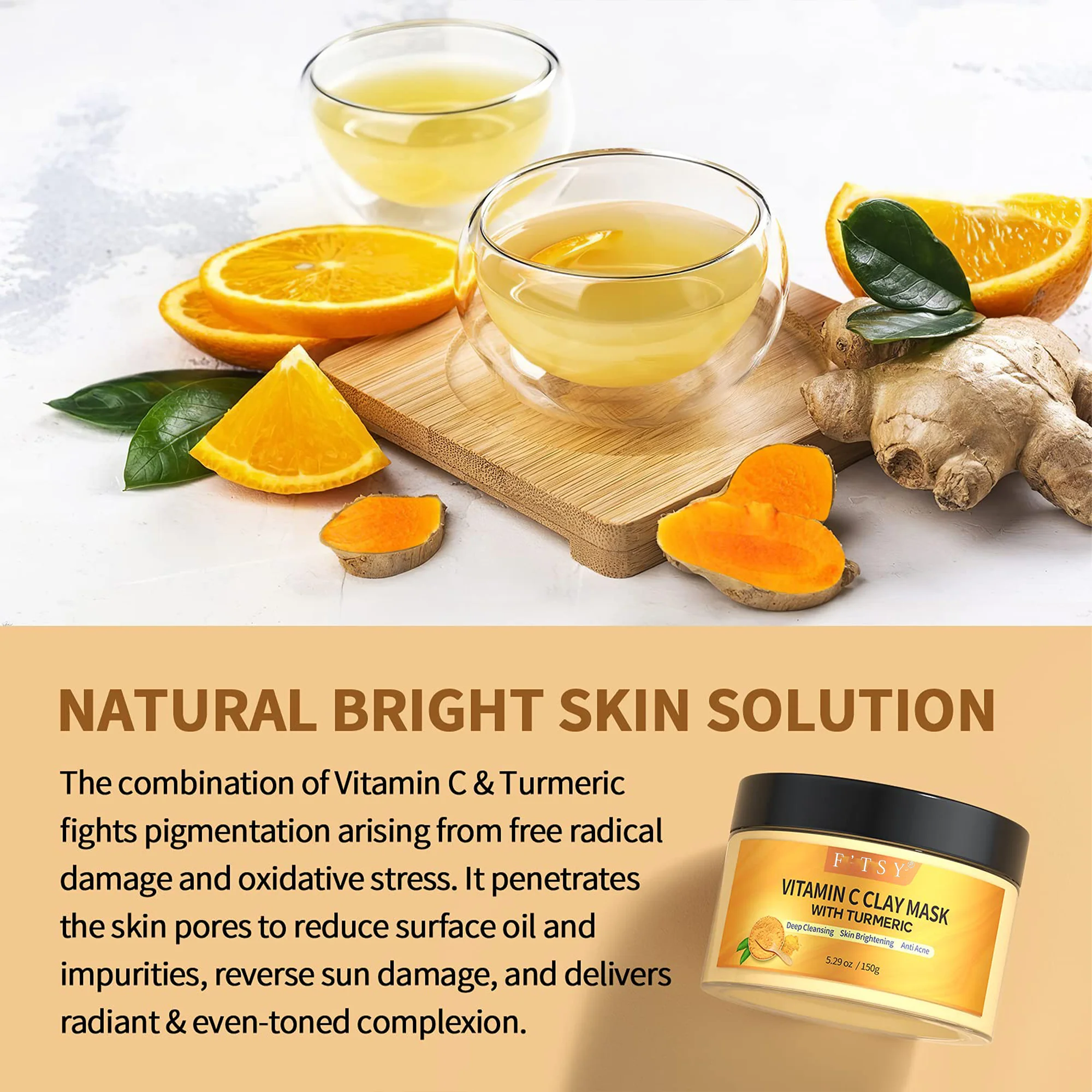 Private Label Skincare Facial Vitamin C Infused Kaolin Clay Turmeric Collagen Targets Dark Spots Dull Skin Oil Pores