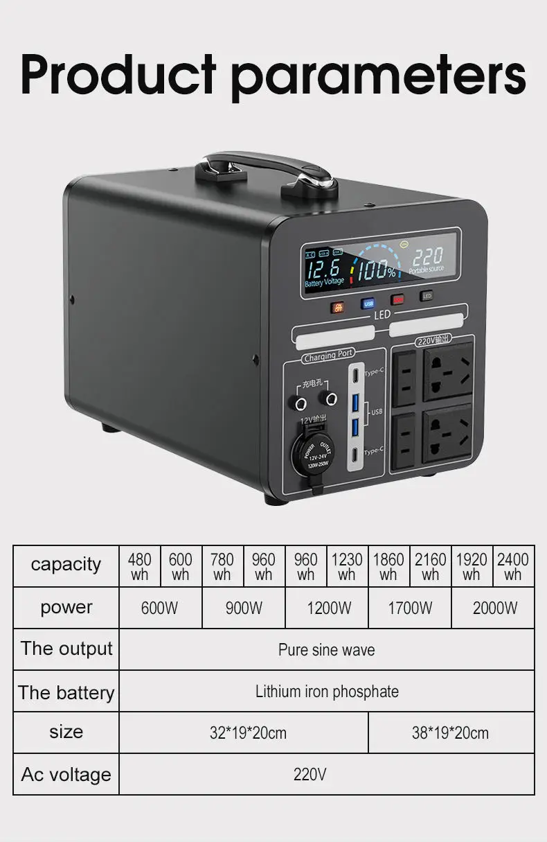 2000W 110V 220V Portable Electric Solar Generator  Power Generator Station Solar Energy System Battery