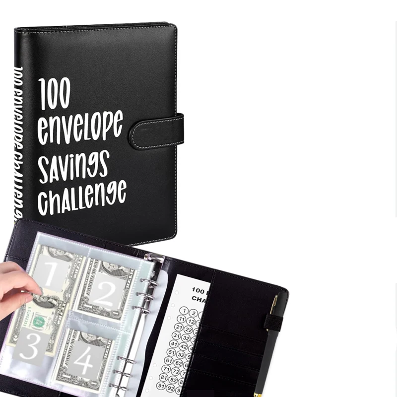 Custom 100 Envelopes Challenges Savings A5 Notebook Money Wallet Budget Binder Planner Pu Leather Promotion Office Stationery