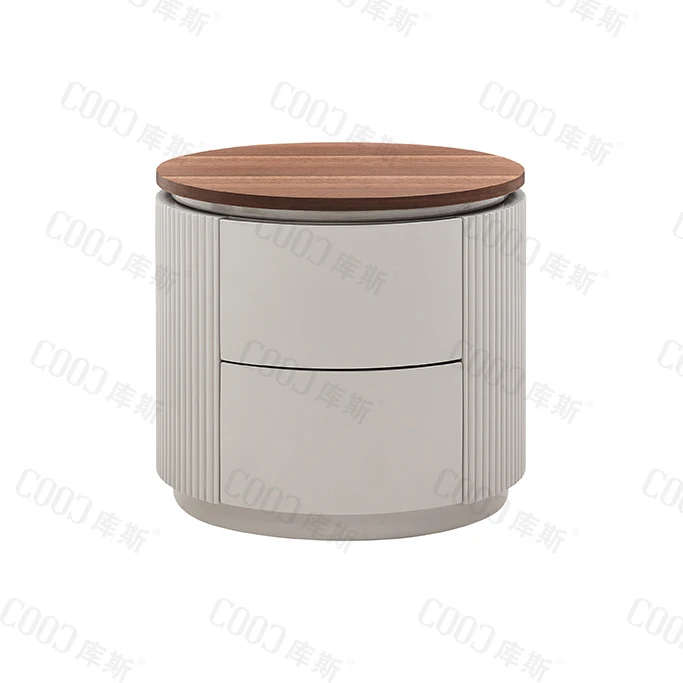 
New design factory direct Provided white light luxury family bedroom set wooden top double layer drawer round bedside table 