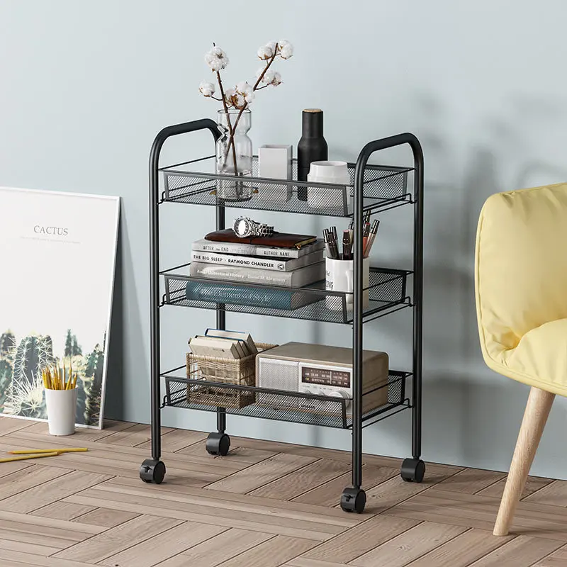 3 Tier Car of Square Rolling Utility , Metal Trolley Cart with Wheels, Easy Assembly Organizer Storage Cart