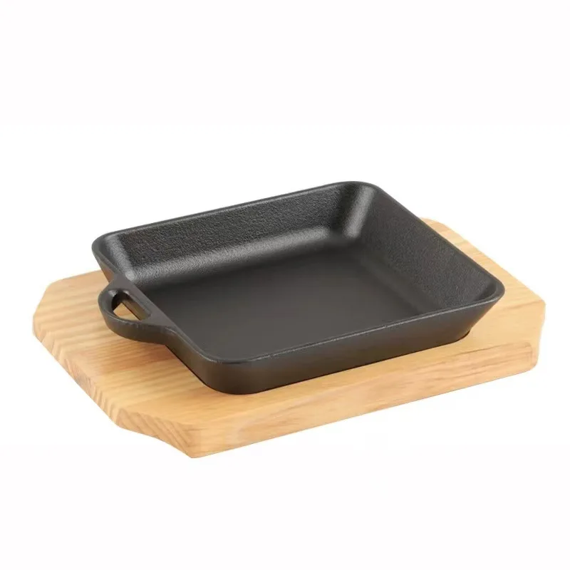 Hot Selling Mini Full Size Cast Iron Square Fry Pan Sizzling Steak Pan With Wooden Base Home and Kitchen Cooking Egg Fry Pan