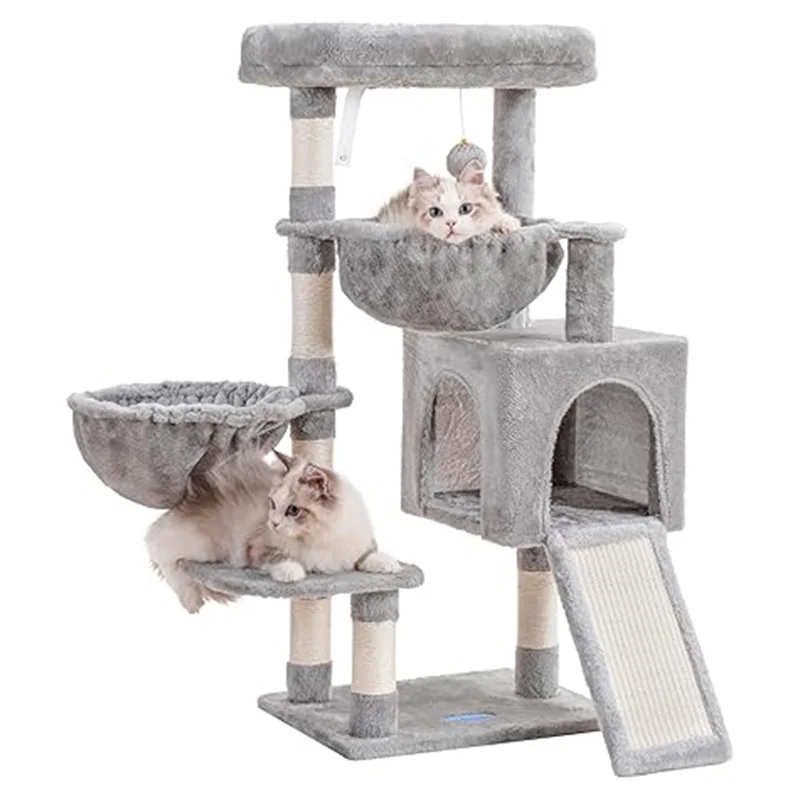 Wholesale Pet Toy Cat Tree House with Large Padded Bed Scratching Post Sisal Customized Dark Grey Velvet Tall Tower Natural Rope