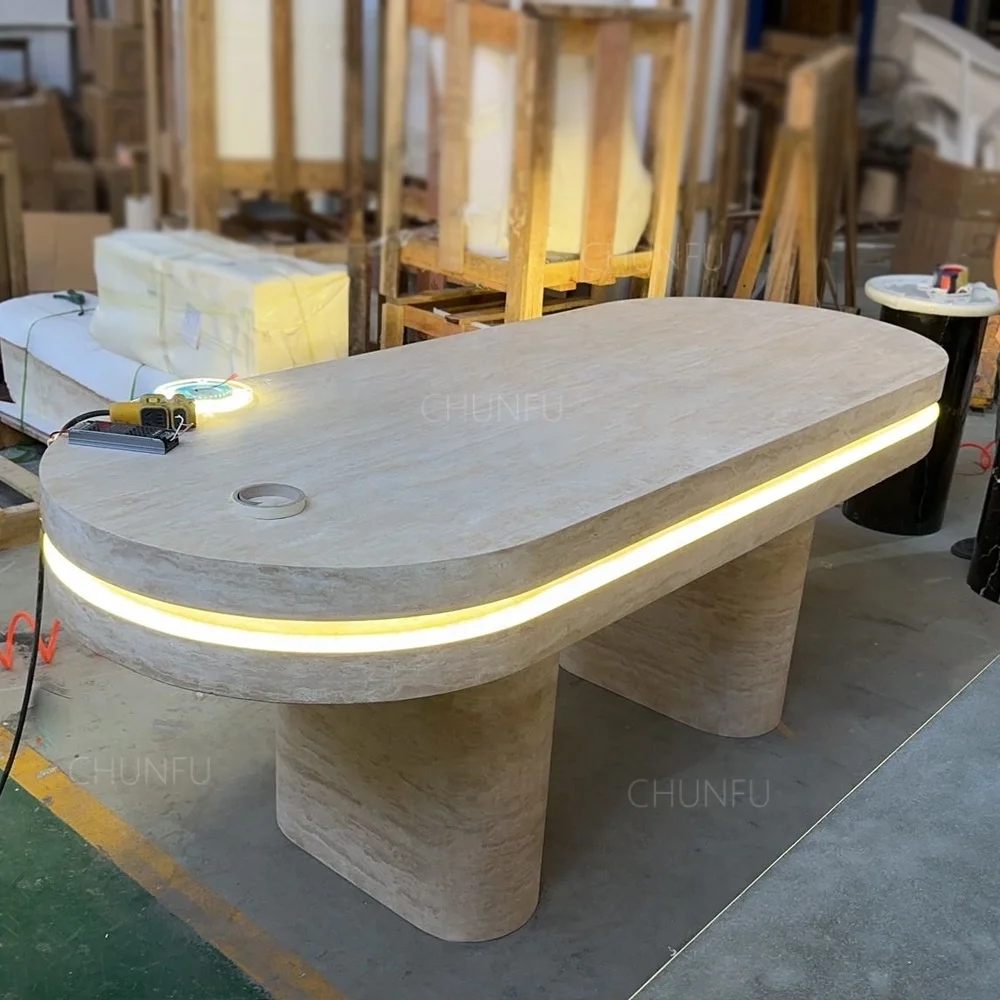 OEM ODM Home furniture 12 seat dining table set lighting natural stone marble travertine dining table