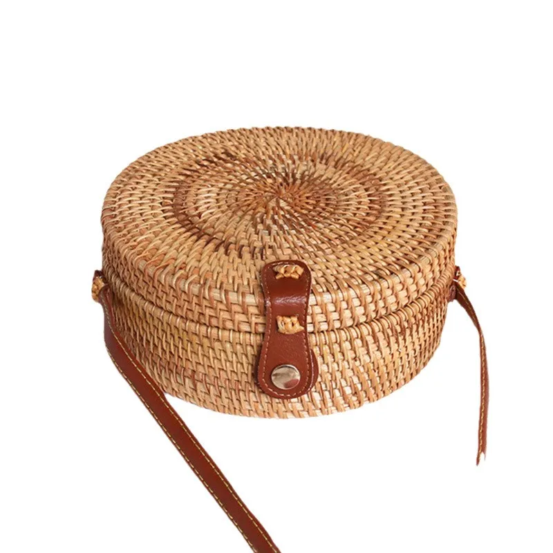 Handwoven Round Rattan Bag Shoulder Leather Straps Natural Crossbody Summer Beach straw bag