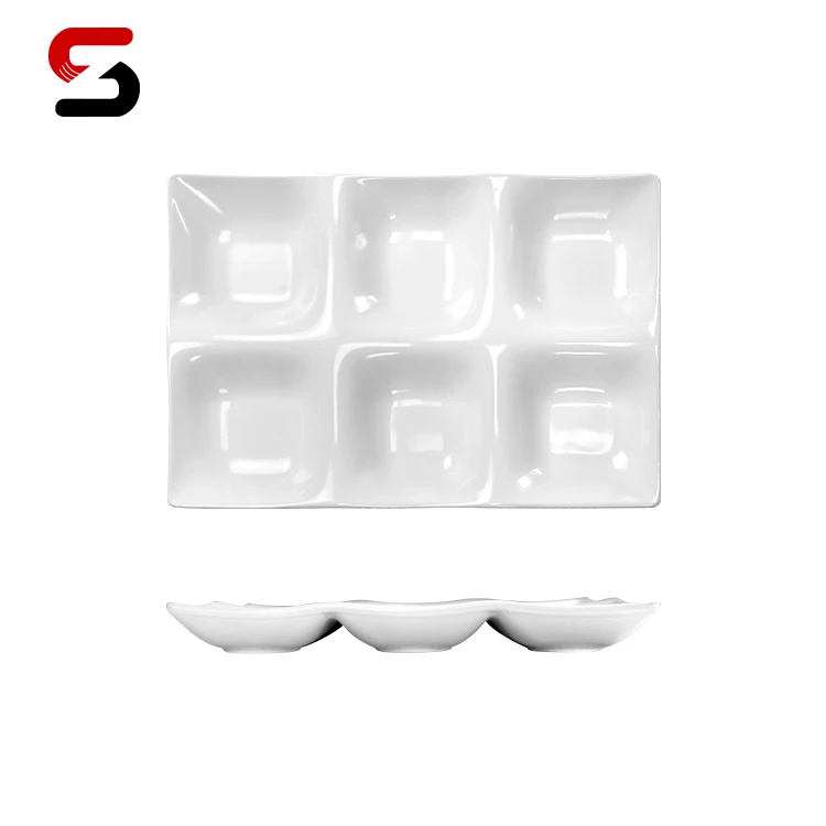 Matt 6 Compartment Divided Food Plate Rectangle Ceramic Plates Dinner Serving Tray For Hotel Restaurant