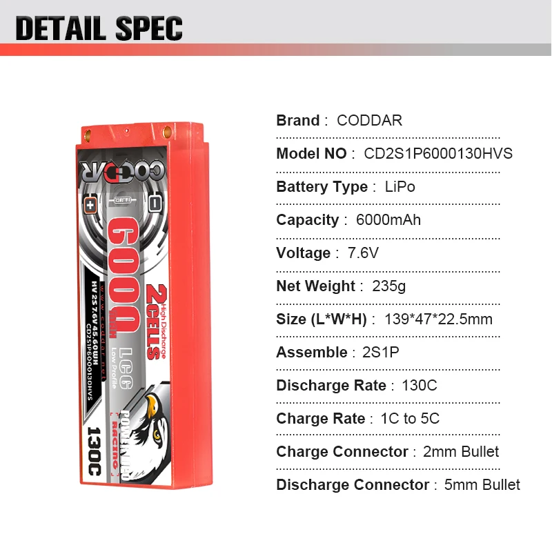 CODDAR 2S 6000MAH HV 7.6V 130C 5mm Bullet Hard Case Ultra LCG 22.5mm Thickness RC LiPo Battery for 1/10 RC Car