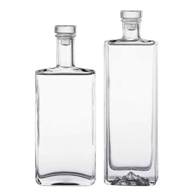 Carved flat clear glass bottle empty whisky bottle vodka 500ml 1000ml with cork tequila liqueur bottle