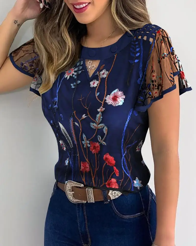 2024 New Women Girls Flowers Embroidery O-Neck Short Ruffle Sleeve Mesh Hollow Out Shirts Solid Color Slim Casual T-shirt