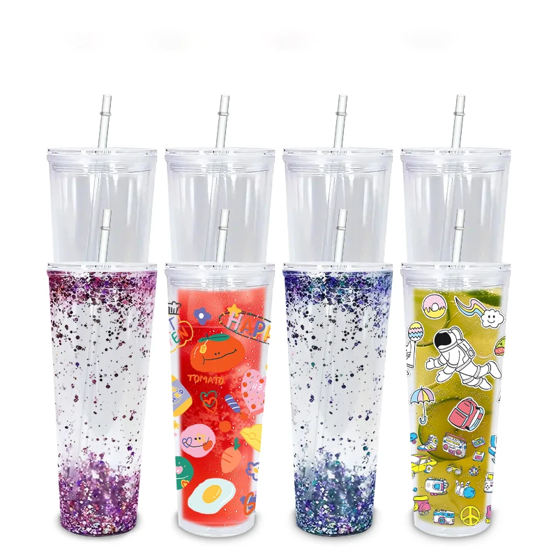 USA Warehouse Plastic Snow Globe Acrylic Drinking Cups 24oz Double Wall Clear Pre-Drilled Tumbler with Lid and Straw