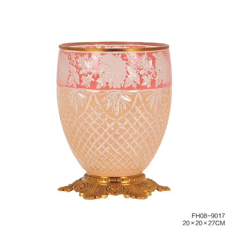 The Pink Glass Pieces with Gold Colored Brass with Design Bowl Vase with Lid for Living Room Home Decoration Ornament