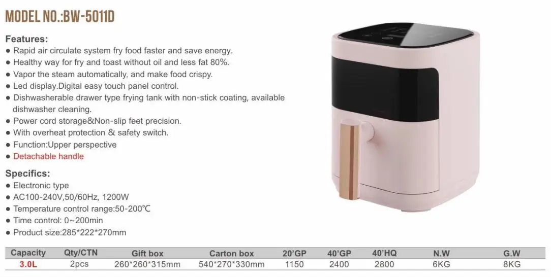 Upper Perspective High Quality 3L Digital Air Fryer Touch Screen Cooker Smart Air Fryers With Free Oil