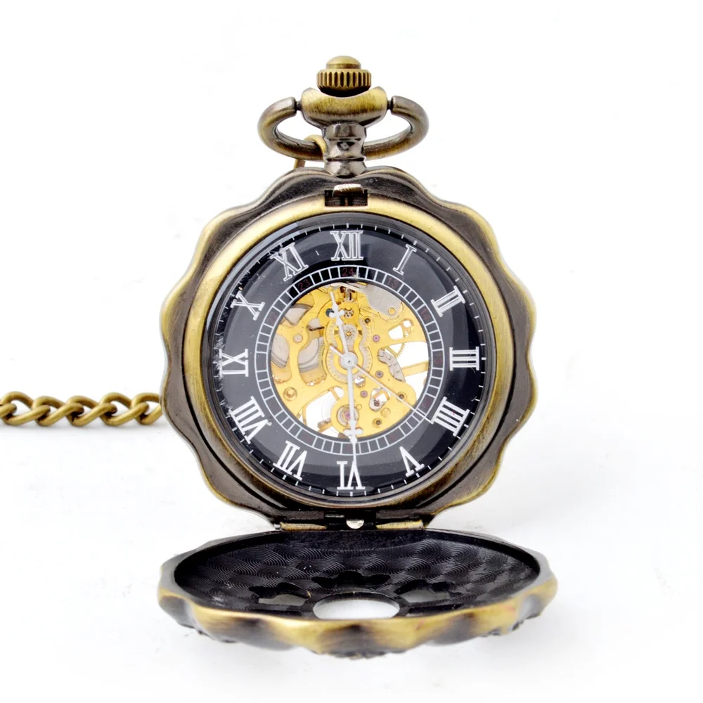 Ancient Style Flower Shape Hollowed Out Machine Pocket Watch With Thin Chain