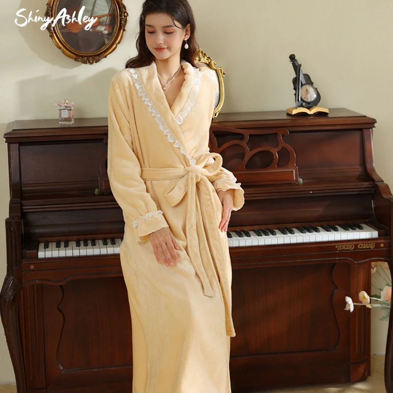 Long bathrobe for autumn-winter Princess with a French superior sense of warm dressing gown for girls with long sleeves pajamas
