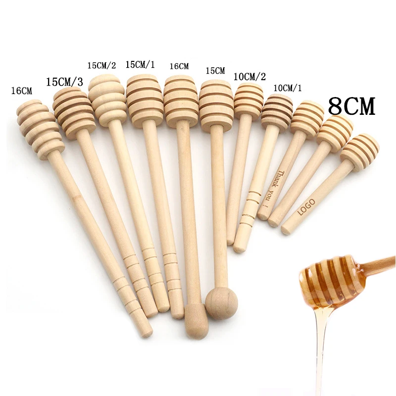 Custom Logo Natural Wood Honey Mixing Stick Spoon Dripper Tool with Serving Tray for Home or Restaurant Use