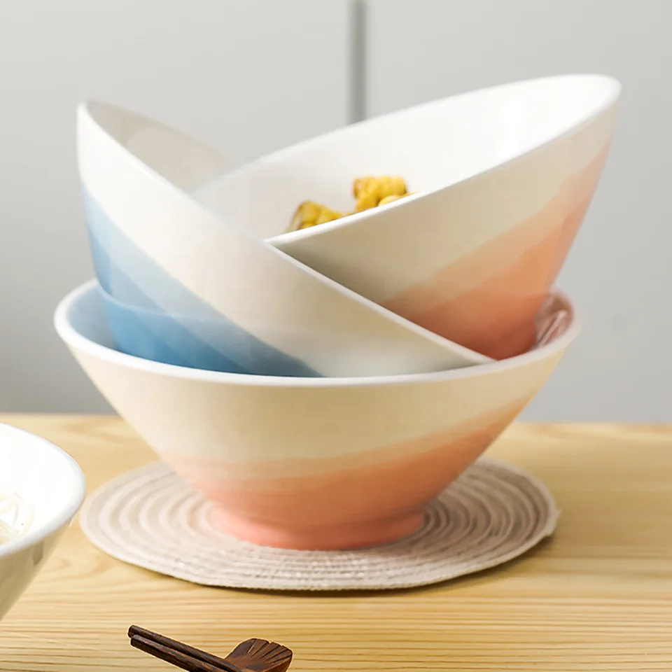 Wholesale Color Glazed Dinnerware Bowls Set 8Inch Ceramic Round Soup Noodle Ramen Bowl