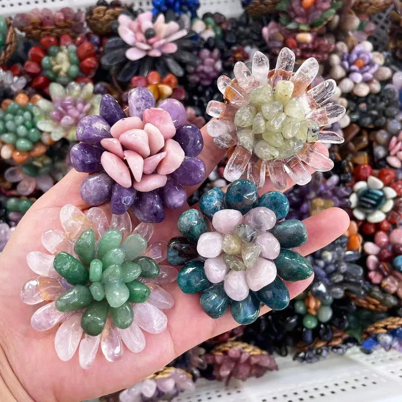 Hand Carved Mixed Natural Rose Quartz Tumbled Stone Flower for Home Decoration