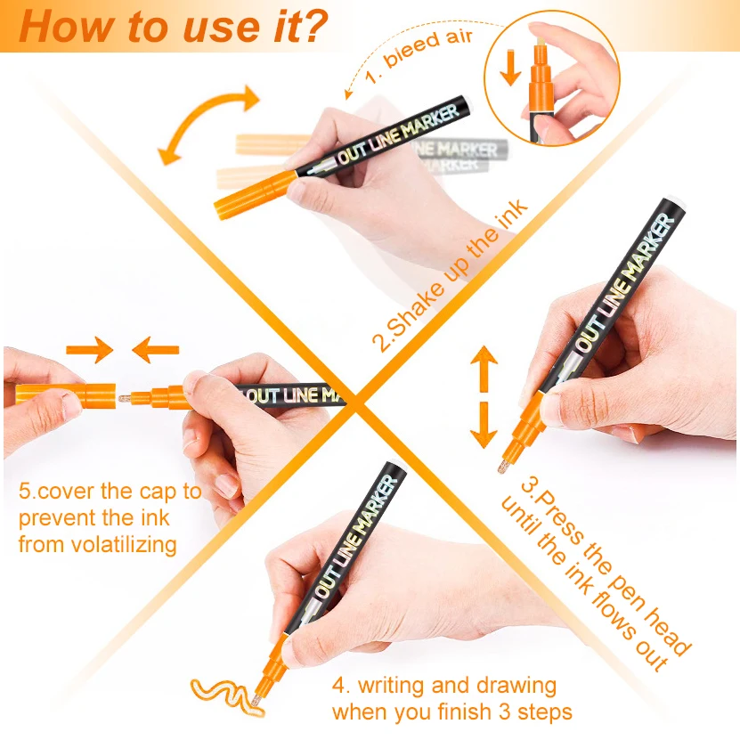 Self-outline Metallic Markers, 8/12/20  Colors Double Line Outline Squiggles Markers, washable Sketch marker pens