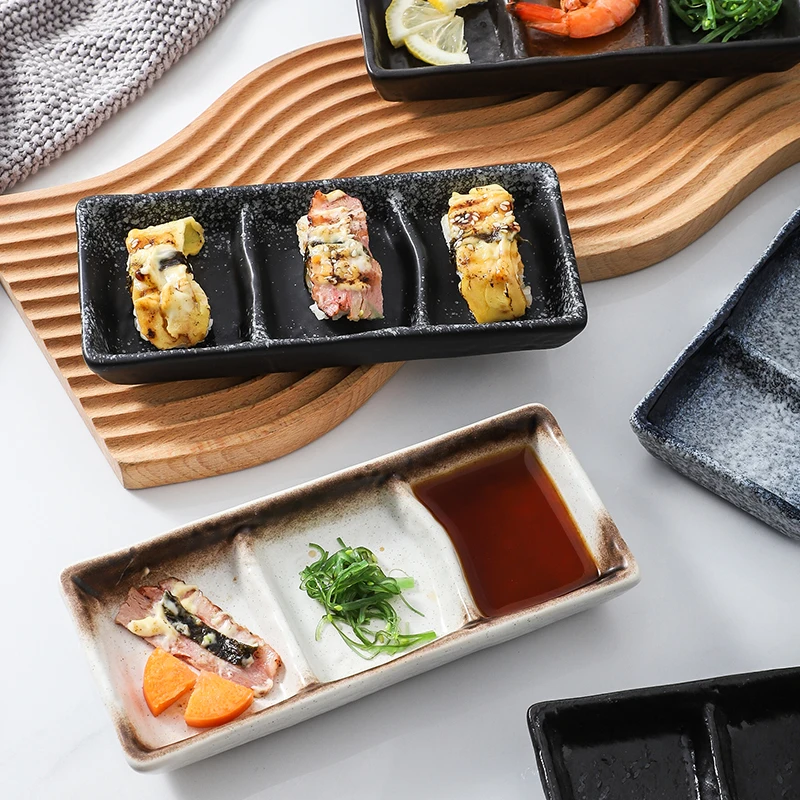 Japanese Style Glazed 3 Compartment Ceramic Sauce Dish Rectangular Sushi Mustard Dipping Soy Saucer