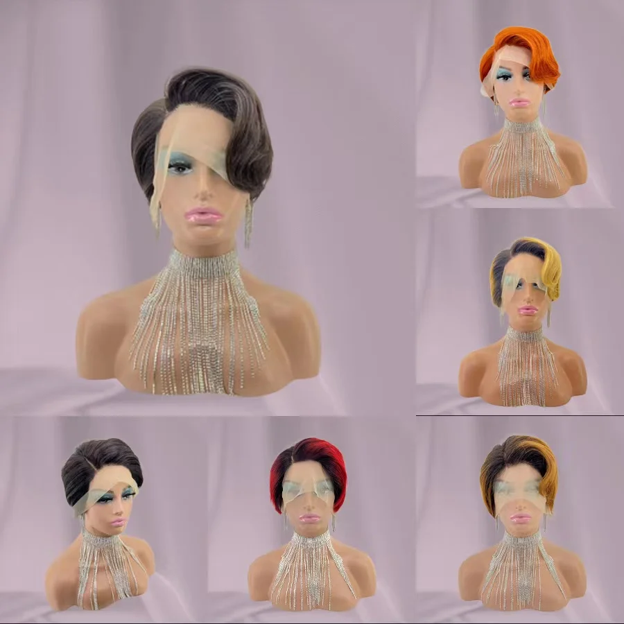 New Fashion 100% Natural Human Hair Lace Closure Perruque Pixie Cut Curls Short Bob Wigs