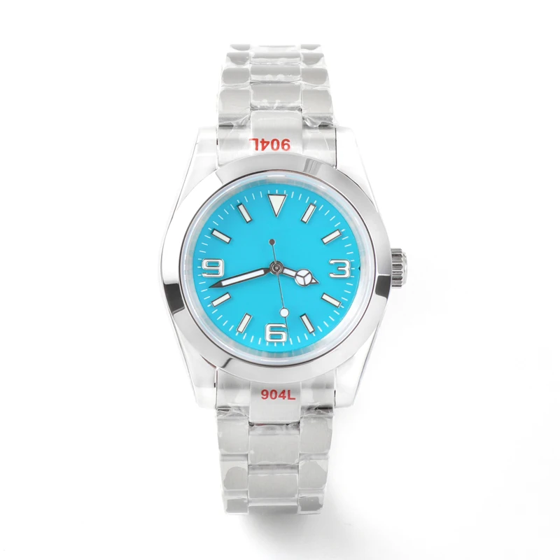 Mens Watch NH35 Automatic Movement Sapphire Glass T Blue Dial Glowing Hand 36mm  Solid Back Cover 316L Steel Case Bracelet