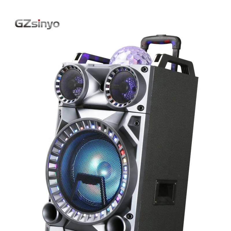 double 10inch BT  dj flashing light usb karaoke portable speaker  trolley wooden rechargeable speaker