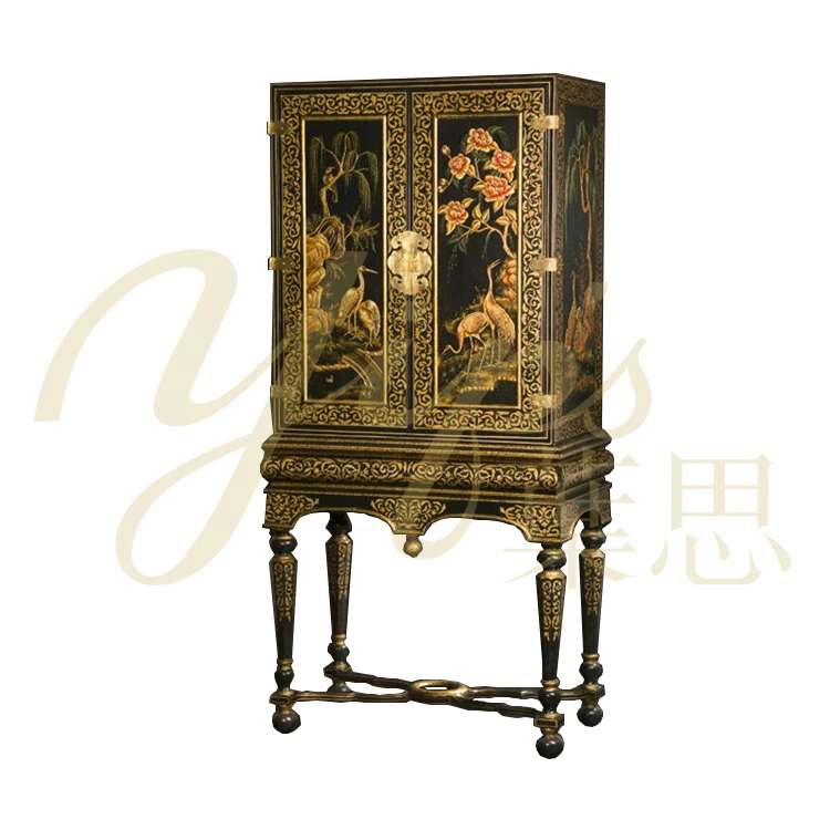 Yips LD-1410-1262 Chinoiserie Style Handpainted Crane Pattern Bedroom Set Furniture Classical 2-Door Wardrobe