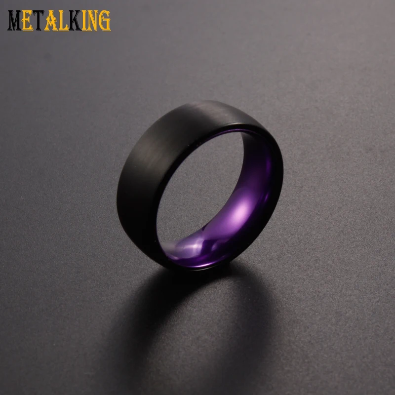 8mm Black Tungsten Carbide Ring Anodized Purple Interior Wedding Band Dome Style Comfort Fit