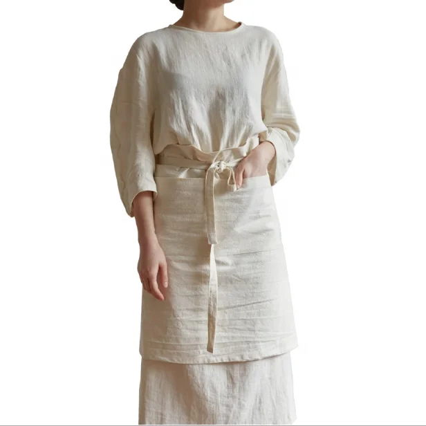 Custom Hansenne Korean Plain Fashionable Anti-oil Linen Cotton Cooking Apron Overclothes For Kitchen Cafes Florist Home Waiter