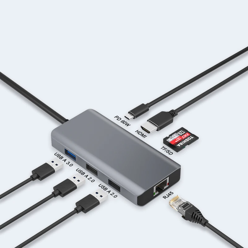 8 in 1 Port USB-C Docking Station Portable USB Adapter USB Hub with HDTV USB3.0 TF SD Card Reader RJ45 for PC Laptop