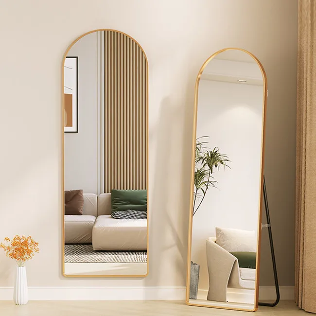 Factory Wholesale Floor Standing Gold Aluminum Metal clear polished aluminum mirror sheet arched window mirror For Dressing Home