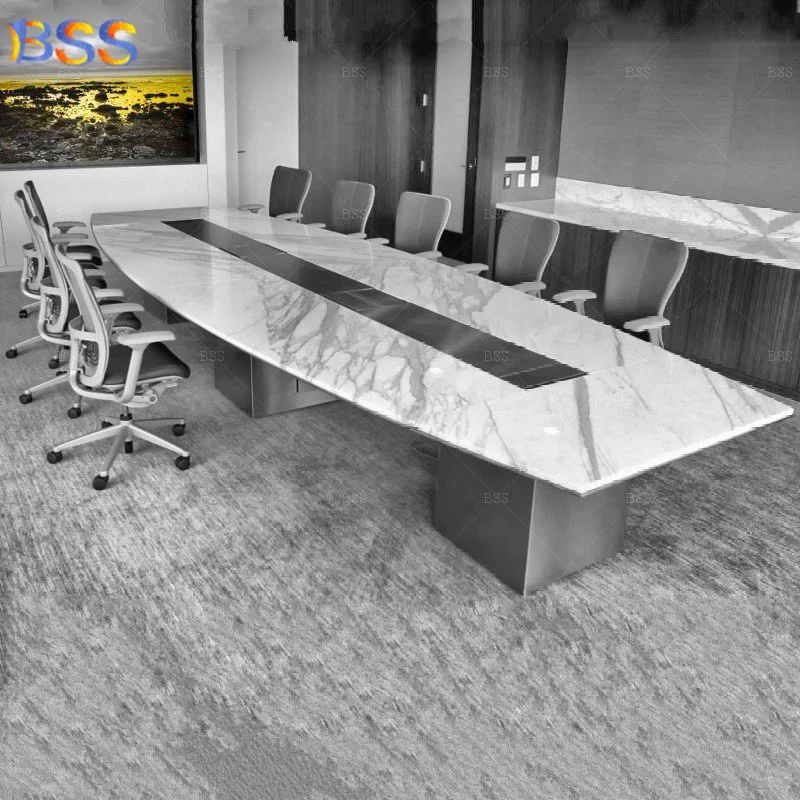 BSS Wholesale Modern Style 14 foot Long 16 Seater Marble Top Office Boat Shape Boardroom Desk And Chairs