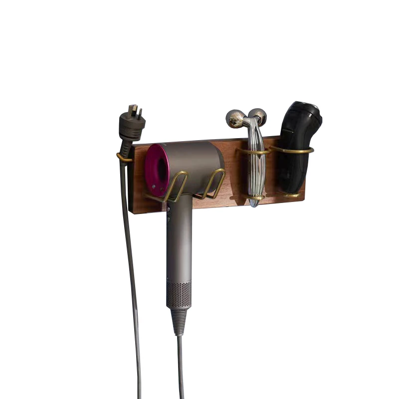 Walnut Wood Metal Styling Tool Hanging Shelf Salon Hair Dryer Bracket Holder Bathroom Wall Mounted Storage Rack