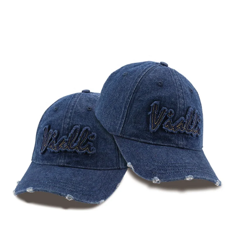 Customized hot sale 100% cotton denim with hole graphite enzyme washed cowboy dad hat baseball sports cap hat custom