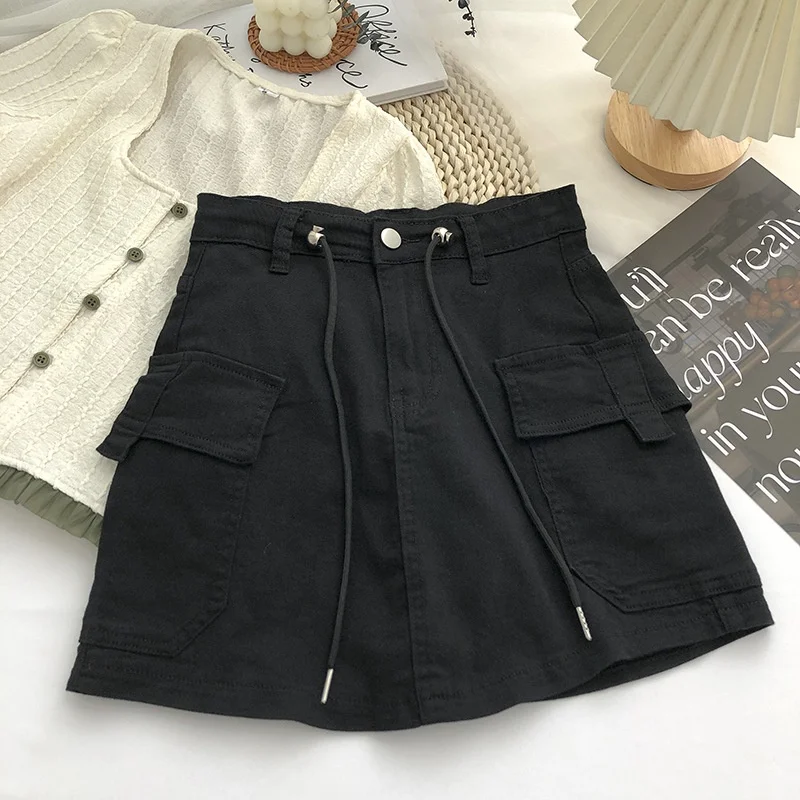 Black Army Green Khaki A-line Skinny Fit Sexy Skirt Women High Waist Cargo Skirts With Drawstring Pockets